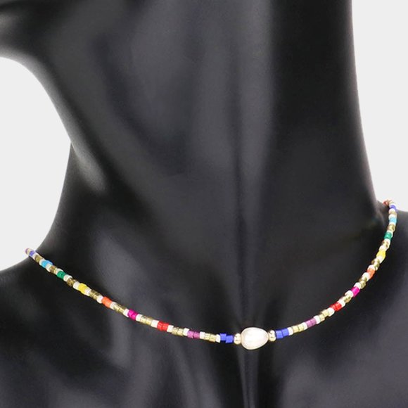 Rainbow NWT Pink and Blue Multi Color Pearl Accented Beaded Choker Necklace - Picture 1 of 2